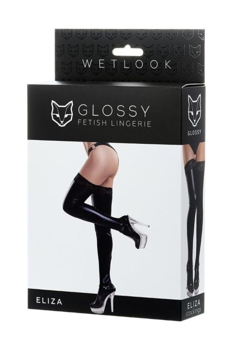 Erotyczna bielizna Glossy sexy Shiny Wetlook stockings with a lace ELIZA - black M Erotyczna bielizna Glossy sexy Shiny Wetlook stockings with a lace ELIZA - black M