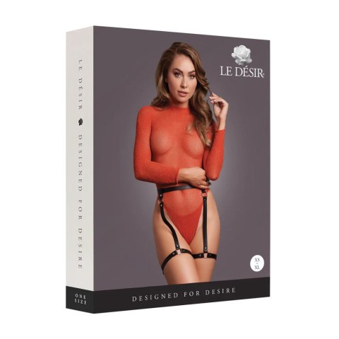 Shimmering Open-Back Bodysuit with PU Leather Garters - One Size - Red/Gold Glitter Shimmering Open-Back Bodysuit with PU Leather Garters - One Size - Red/Gold Glitter