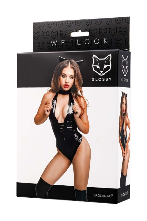 Glossy Kitti, bodysuit and cat ears, wetlook, black, S