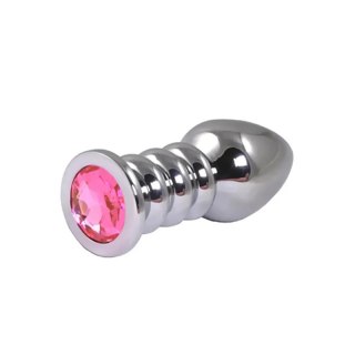 Silver large ribbed butt plug with pink crystal