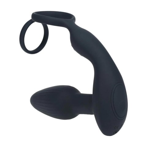 Dual Vibrating Remote Rotating Beads Silicone Prostate Stimulator with Cock and Ball Ring - Black